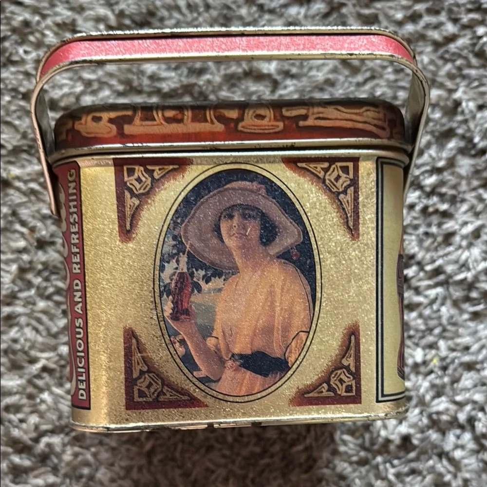 Vintage Coca Cola - Tin Box With Lid & Handle - Lady Holding Coke in Hand